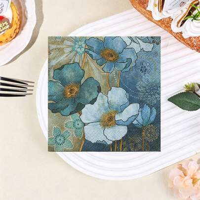 20pcs/40pcs/60pcs,Blue Floral Print Watercolor Retro Paper Napkins, 2-Ply 13 Inch Disposable Floral Cocktail Tissues, Teal & Gold Accent Print, For Afternoon Tea, Bridal Shower, Garden Party, Elegant Dinner & Artistic Events