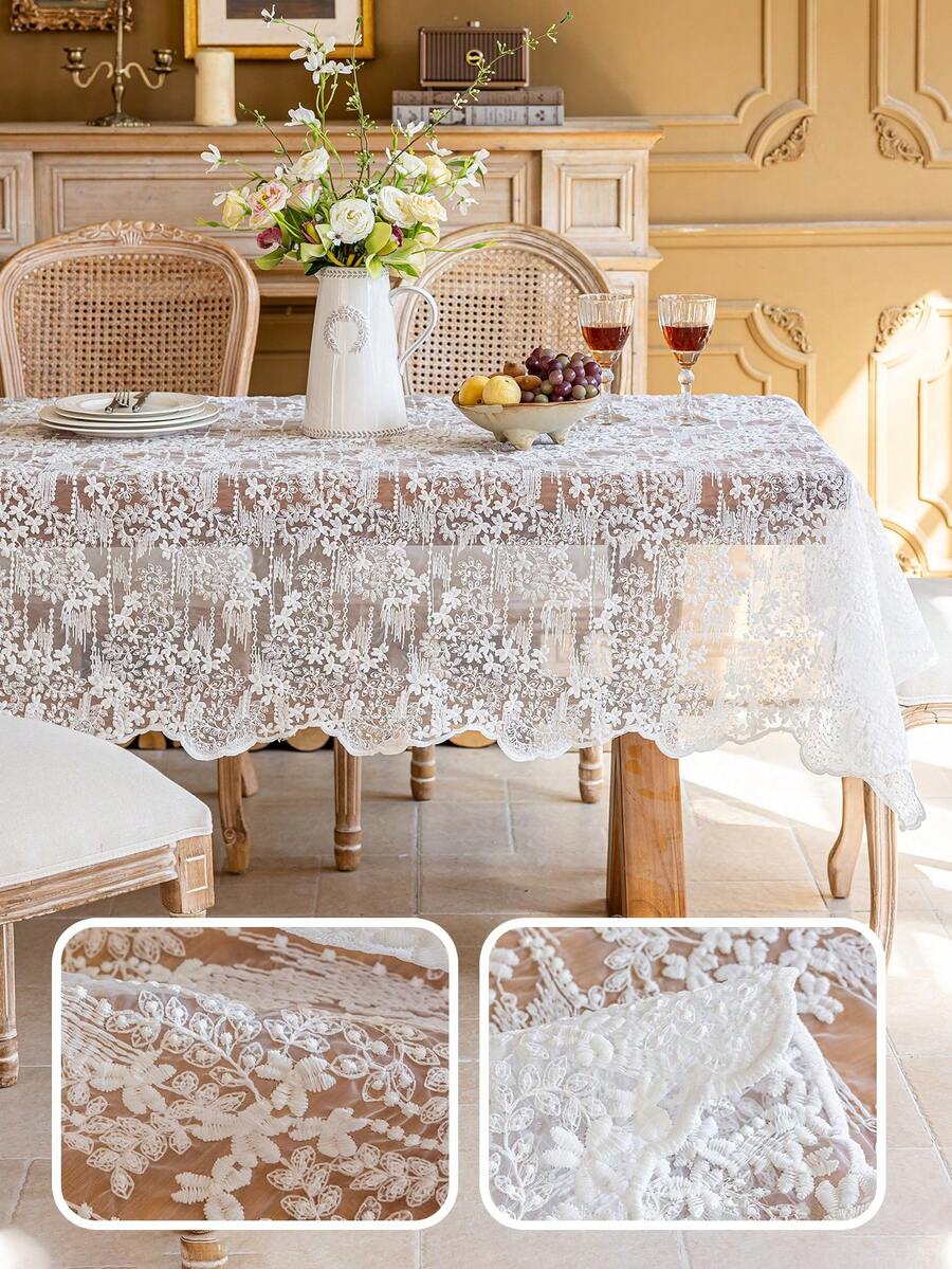 1pc Floral Lace Embroidered Organza Tablecloth, French Wavy Edge Design, Romantic Pastoral Vintage Table Cover, Suitable For Wedding, Restaurant And Home Decor - White - View 1