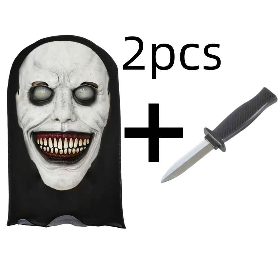2Pcs Halloween Scary Smiling Nun Mask With Fake Knife Prop Set - Horror Cosplay Costume Accessory For Adult, Creepy Full Face Mask For Halloween Party, Haunted House, Masquerade - View 1