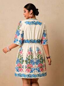 Vestido corto con estampado floral negro para mujer de talla, vestido corto con cuello en V, manga corta y cintura ceñida, vestido romántico para vacaciones en una isla a principios de primavera, vestido bohemio - Blanco - Ver 6