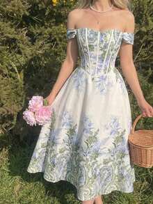 MOD Vestido romántico de un solo hombro con diseño de espina de pescado falso - Multicolor - Ver 2