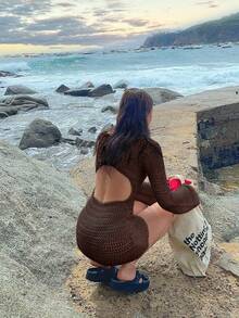 Women's Solid Color Sexy Hollow-Out Backless Sheer Beach Vacation Knit Long Sleeve Cover-Up Mini Dress, Spring/Summer, Resort Wear - Chocolate Brown - View 5