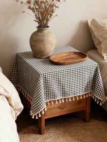 Tokoto Black Gingham Tablecloth With Tassel Fringe, Farmhouse Cotton Linen Table Cover For Dining Table, Nightstand & Coffee Table Decor, Rustic Boho Plaid Style - Black and White - View 7