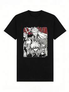 T-shirt casual de verão para homem, macia, de gola redonda e manga curta, com estampado gráfico de personagens de anime de desenhos animados japoneses, adequada para fãs de manga. - Preto - Ver 2