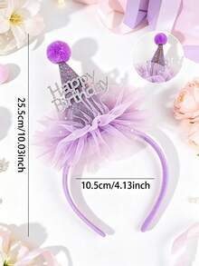 1pc Happy Birthday Purple Tulle Headband, Rhinestone Birthday Hat Headband, Fashion Hair Accessory, Holiday Decor Gift For Girls - Multicolor - View 4
