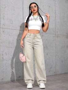 Women's Pocketed Wide Leg Relaxed Casual Denim Jeans - Màu Khaki - Xem 6