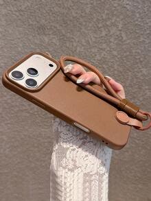Minimalist Elegant Brown Leather Texture Phone Case With Wrist Strap, Compatible With IPhone 17 Pro Max/17 Pro/17/16 Pro Max/16 Pro/16/16 Plus/15/15 Pro Max/15 Pro/15 Plus/13/14 Pro Max/13 Pro/13 Pro Max/14 Pro/14 Pro Max/14 Plus, Soft Case, Creative Design For Men And Women - Brown + Bracelet - View 5
