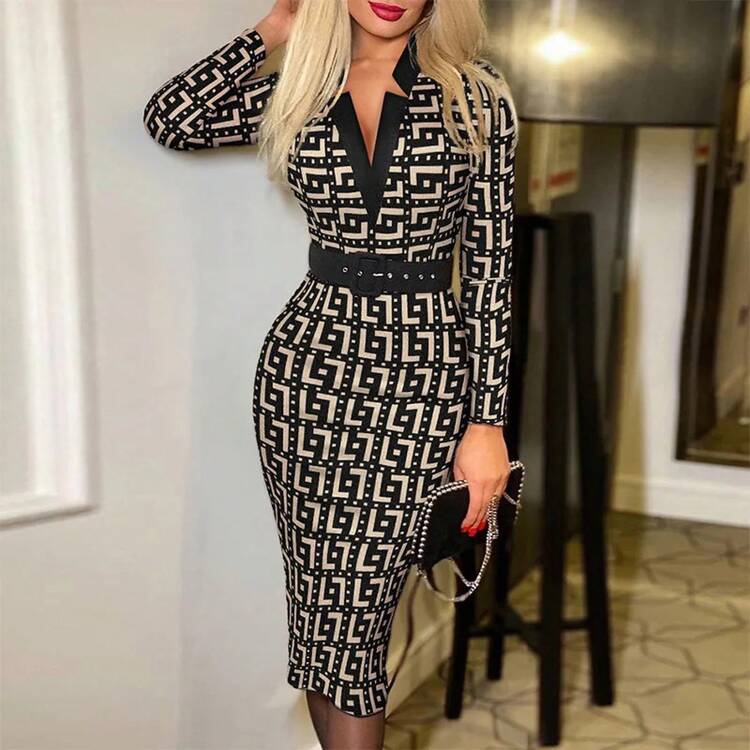 Vestido elegante con estampado y cuello en V, manga corta con cinturón, para mujer, ropa informal elegante para primavera y verano - Gris - Añade 3