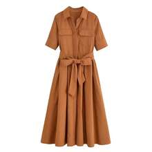 Vestido de mujer con efecto adelgazante, diseño versátil, informal, nuevo estilo, manga corta, hasta el tobillo, cuello tipo de fibra de poliéster - Caqui - Ver 1