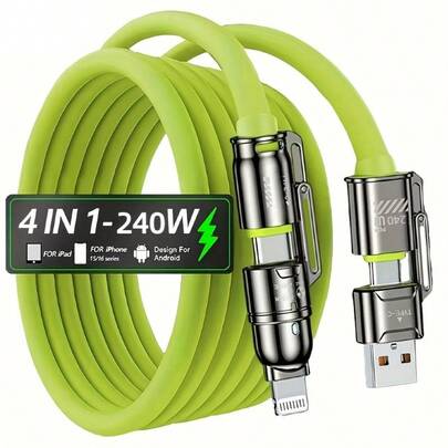 240W Max Power 4-In-1 Fast Charging Cable, Dual Head Dual Charging Line With USB-A/Type-C/Lightning Ports, Compatible With IPhone 16/15/14/13/12/11 Pro Max, S25/S24/S23, G Series And Other Devices, 240W Max Power Multi-Port Fast Charging Cable Set