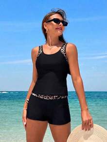 Swim Lushoire Tankinis de traje de baño con estampado de leopardo y patchwork para vacaciones de verano de mujer - Negro 2 - Ver 2