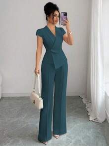 Conjunto casual y elegante de 2 piezas para mujer, con cuello cruzado asimétrico, mangas abullonadas, cintura ceñida, blusa con bajo en línea A y pantalones de cintura elástica, adecuado para ir a trabajar, vacaciones, tomar el té por la tarde, fiestas, primavera/otoño/invierno - Agua verde azul - Ver 7