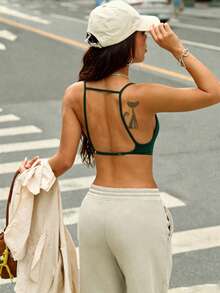 Women's Ribbed Cropped Tank Top - Criss-Cross Back Sports Bra - Seamless Yoga Camisole, Recommend Ordering One Size Down - Mist Green - View 5