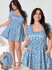 Mono de manga corta con estampado de lunares minimalista y retro para mujer talla, adecuado para el verano - Multicolor 5 - Ver 9