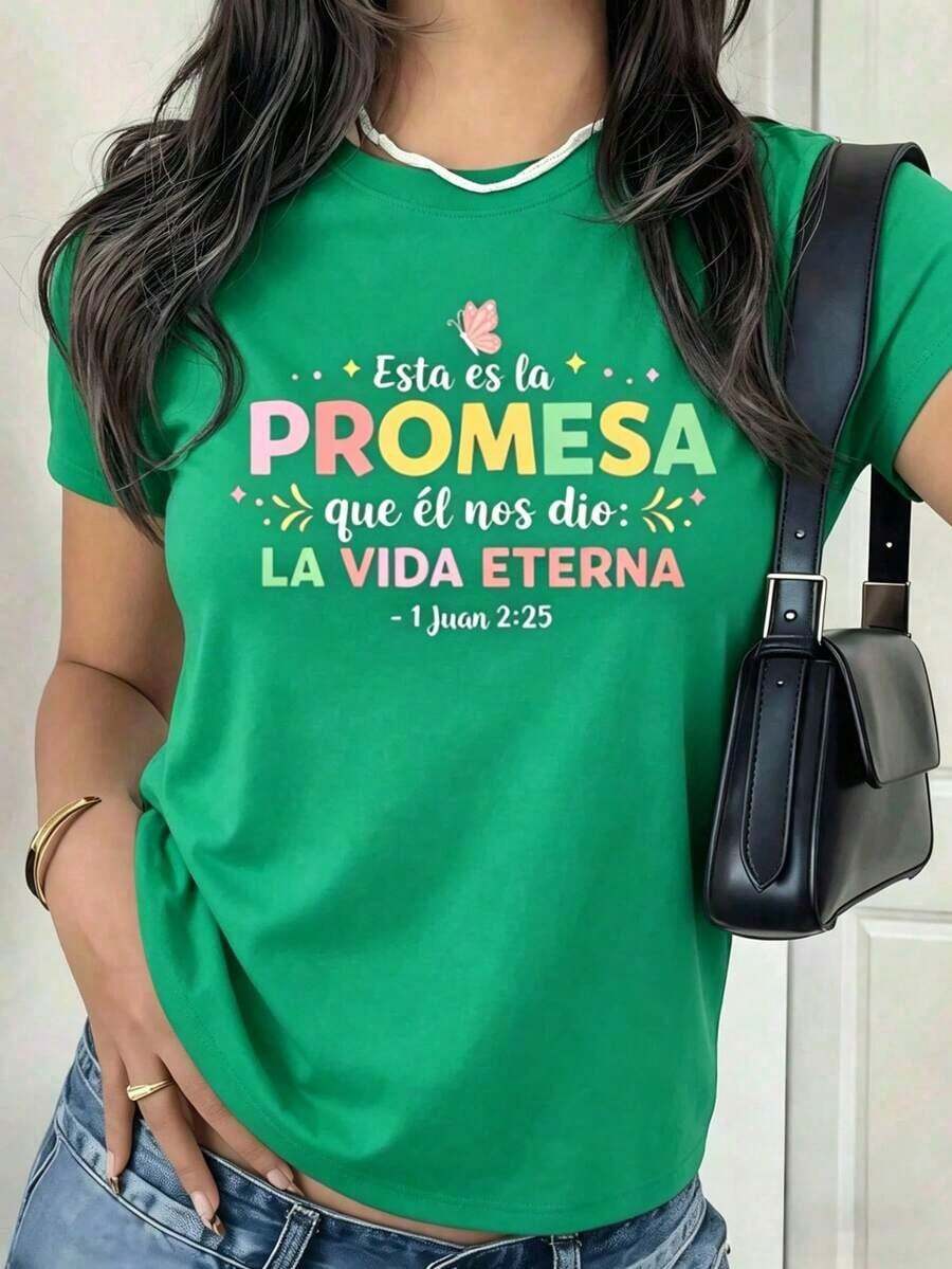 Women's Casual Holiday Shirt, Black T-Shirt For Women With Bible Verse "ETERNAL LIFE", Christian Faith T-Shirt With Positive Message, Inspirational And Religious Style Blouse, Casual Top With Colorful Letters For Gift, Suitable For Outdoor Leisure And Daily Wear. - 綠色 - 查看 1