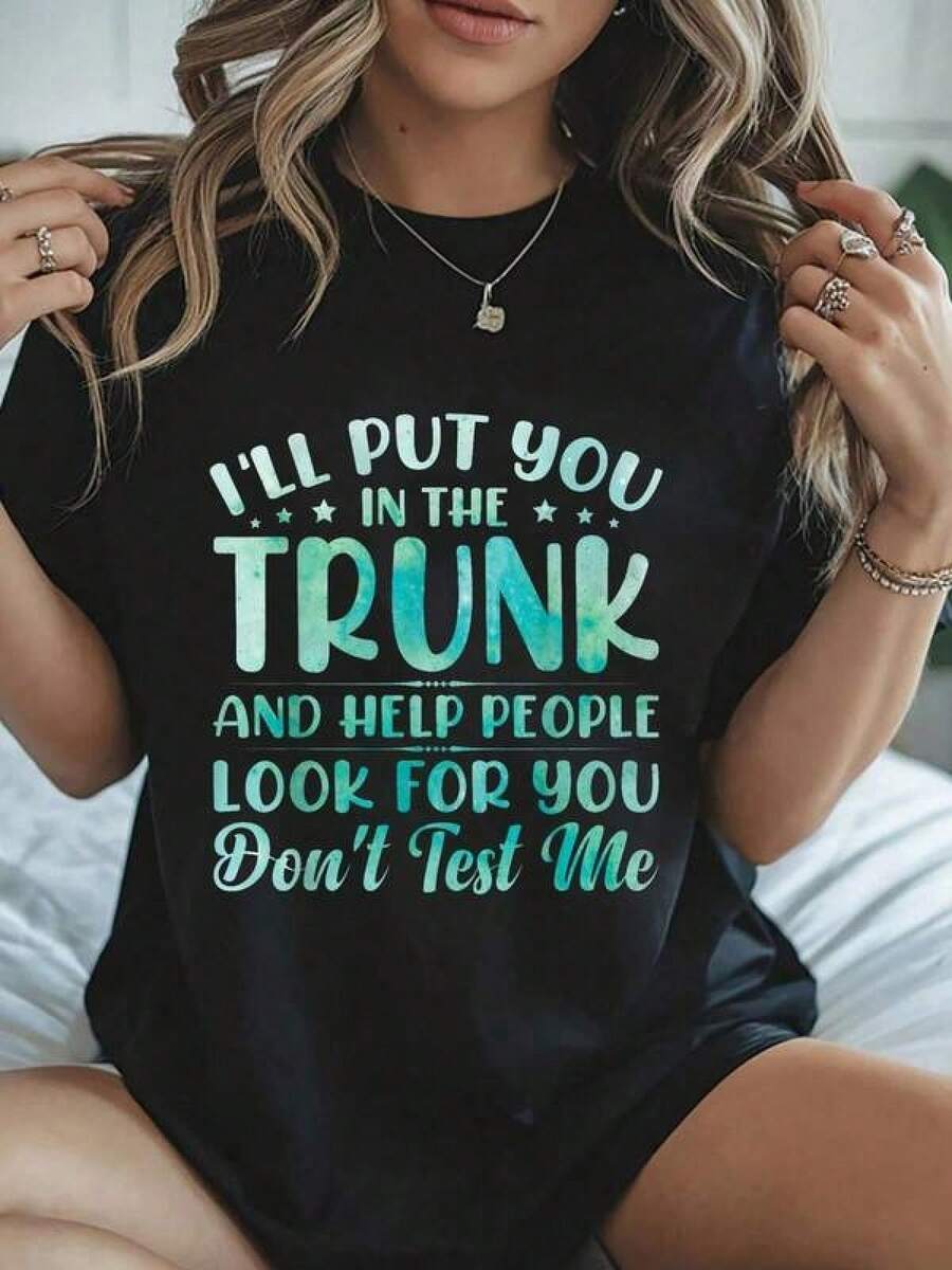 2026 Men's Short-Sleeve T-ShirtCamiseta de mujer de cuello redondo y manga corta con estampado gráfico de moda que dice "Te pondré en el maletero y ayudaré a la gente a buscarte"Casual loose short-sleeved - Negro - Ver 1