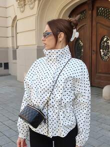 Casual Vintage Polka Dot Bomber Jackets Sashes Slim Turtleneck Women Jacket Festival Elegant Simple Holiday Outwear Streetwear Y2K Girl Jacket White - White - View 11