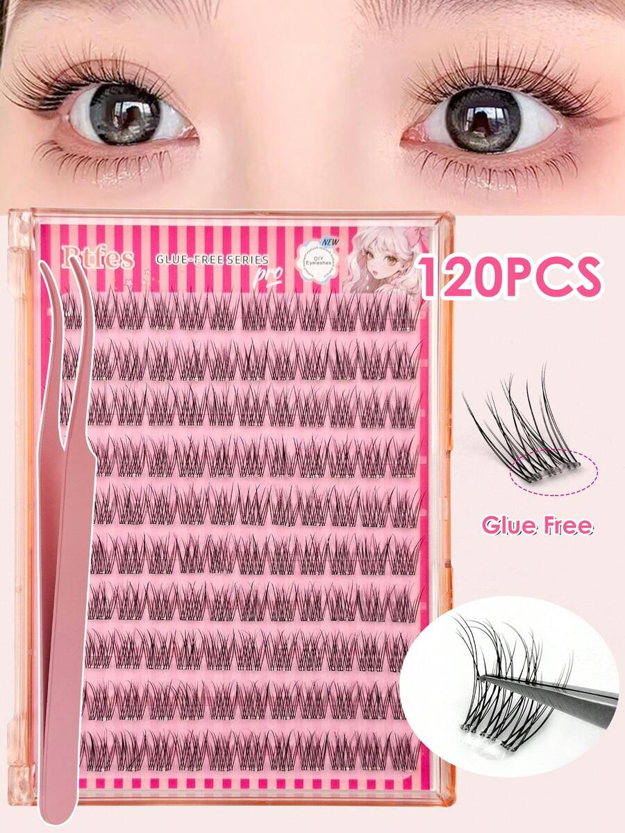 Asiteo 120pcs Self-Adhesive Thick False Eyelash Clusters, Natural Extension C-Curl Eyelash Clusters, Suitable For Party, Gift, Portable Eyelash Clusters - C - View 1