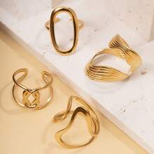 4pcs Fashionable Stainless Steel Rings With Simple Hollow Geometric Design, Versatile Casual Stacking Rings, Perfect Gift For Her, Suitable For Teenagers - Gold - View 6