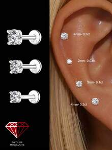 1Pc -2/3/4mm Moissanite 925 Sterling Silver Earrings For Women Classic Stud Earring Helix Cartilage Flat Back For Daily Wear Wedding Fine Jewelry - Silver - View 5