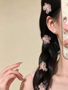5件組女款時尚粉色花朵髮夾，甜美迷你髮飾，優雅公主風櫻花毛絨髮夾，芭蕾風Y2K仙女髮飾 - 粉色 - 查看 3