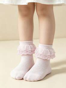 5 Pasang Kaos Kaki Dansa Katun Bernapas Berbahan Jala Warna Polos untuk Anak Perempuan, Kaos Kaki Kasual Gaya Putri dengan Hiasan Renda untuk Balita - Baby Pink - View 7