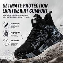 Men's Black High-Top Steel Toe Work Sneakers, Puncture-Proof Safety Shoes With Kevlar Midsole, Breathable Mesh Industrial Work Boots, Anti-Slip Shock Absorption, Wear-Resistant Construction Footwear, Durable All-Day Comfort Safety Shoes For Construction Workers, Warehouse Staff, Factory Workers & Mechanics, ASTM Compliant Protective Work Shoes, Lightweight Indestructible Black Orange Work Footwear For Men - Black - View 4