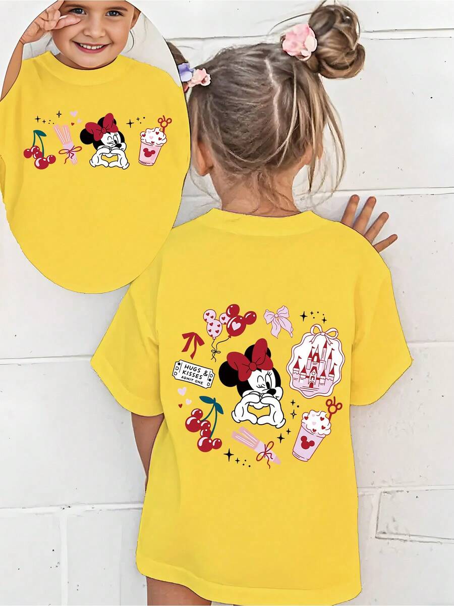 Disney-1 Piece Pack-Minnie Mouse With Cherries And Cupcake Double-Sided Printed Pattern T-Shirts For Girls - Children's Clothing Design Short-Sleeved Casual And Cute Style Comfortable And Casual Wear All Year Round Suitable For Parties And Play Machine Washable Gift Children's Clothing Girls' Short-Sleeved Shirts - Màu vàng - Xem 1