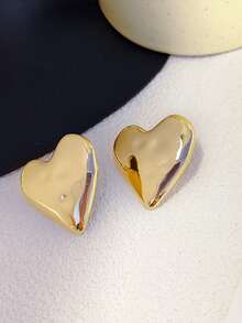 1 Pair Fashionable Exaggerated Metal Heart Stud Earrings, Suitable For Daily Wear And Parties - Gold - View 6