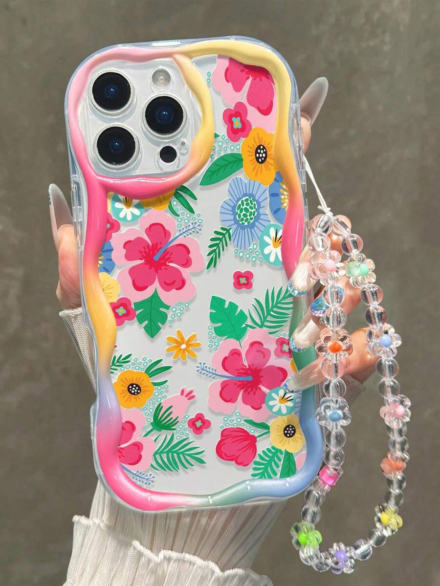 花卉彩繪平版印花奶油色波浪邊可拆卸手鍊極簡防震厚手機保護殼,相容 iPhone 17/17 Pro/17 Pro Max, 16 XR/7/8, 15 Pro Max, 12 Pro Max, 13 Pro Max, 14 Pro Max, 13, 14, 11, 12P, 14P, 11P, 軟殼 P12, 防摔 XS, XR, 7/8P, 7/8G ES2, 適用於 A13 4G, A22, A21S, A51 4G, A52, S22 Ultra, A33 5G, A34, A35, 適用於 Redmi 10, Note 11 4G, 11 Lite, A53 TPU, A14, A23, S23 Ultra, S24, A14, A15, S23, A73, A55, A54, 手機殼 - 彩色 - 查看 1