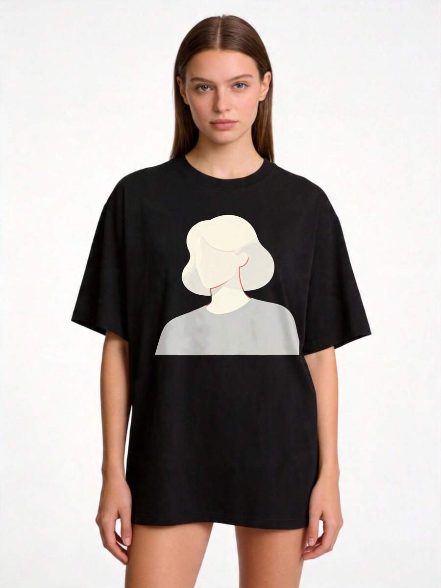 Women's Printed T-Shirt - Oversized Black Casual Short Sleeve Crew Neck T-Shirt With Minimalist Abstract Portrait Design. Relaxed Fit For All Seasons, Perfect For Everyday Wear And Holiday Outfits (Machine Washable). - 黑色 - 查看 1