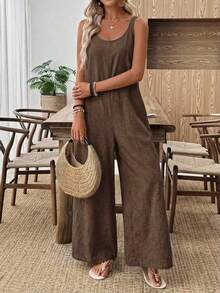 Mono ancho de pierna suelta de unicolor caqui para mujer, mono informal, mono de pierna ancha, mono para vacaciones, mono informal para mujer - Marrón - Ver 11