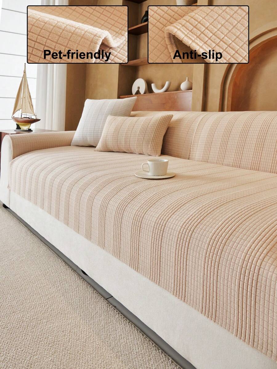 1pc Geometric Textured Solid Color Velvet Quilted Sofa Cushion, Minimalist Style, Non-Slip Back, Pet-Friendly, Soft Multi-Functional Anti-Dirt Anti-Dust, Holiday Decor Sofa Cover, Suitable For Backrest, Armrest, All Seasons - Apricot - View 1