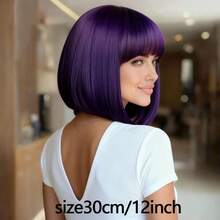 12 Inch Purple Short Straight Wig With Bangs, Natural Fluffy Straight Hair Style, Adjustable Wig Cap Suitable For All Women, Halloween Party Cosplay And Daily Wear - Purple - View 7