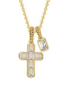 rundraw 1件新款奢華精緻風格十字幾何方鑲鋯石雙吊墜銅製多色女款吊墜項鍊，適合派對、舞會、聚會、日常穿搭，送給朋友和愛人的最佳禮物 - 彩色 - 查看 5
