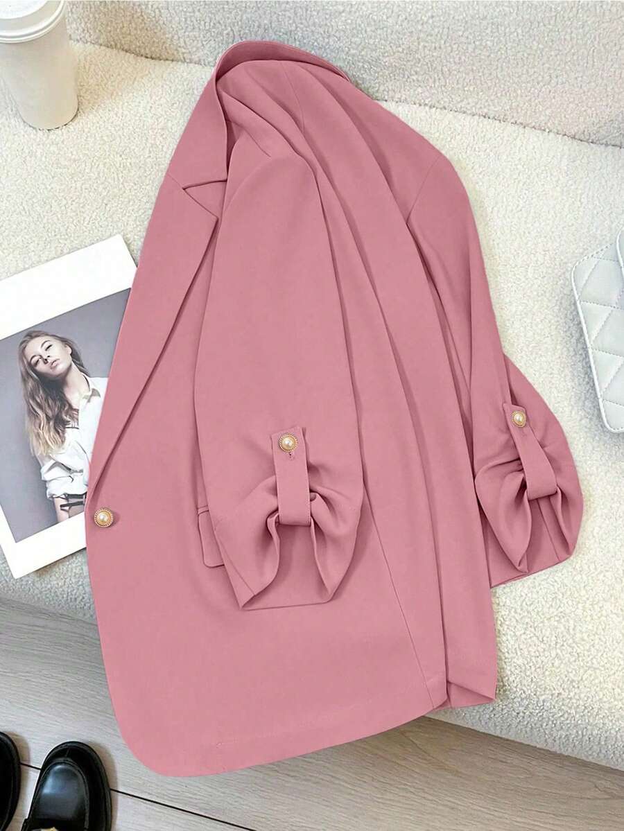 Áo blazer cài một hàng khuy, màu trơn, tay lỡ 3/4, thích hợp mặc công sở, màu hồng xuân/hè. - Hồng - Xem 1