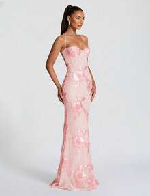 Shiny Floral Embroidered Elegant Sexy Semi-Sheer Backless Floral Mesh Party Dress, Suitable For Formal Occasions Like Anniversary, Graduation, Gala - Baby Pink - View 5