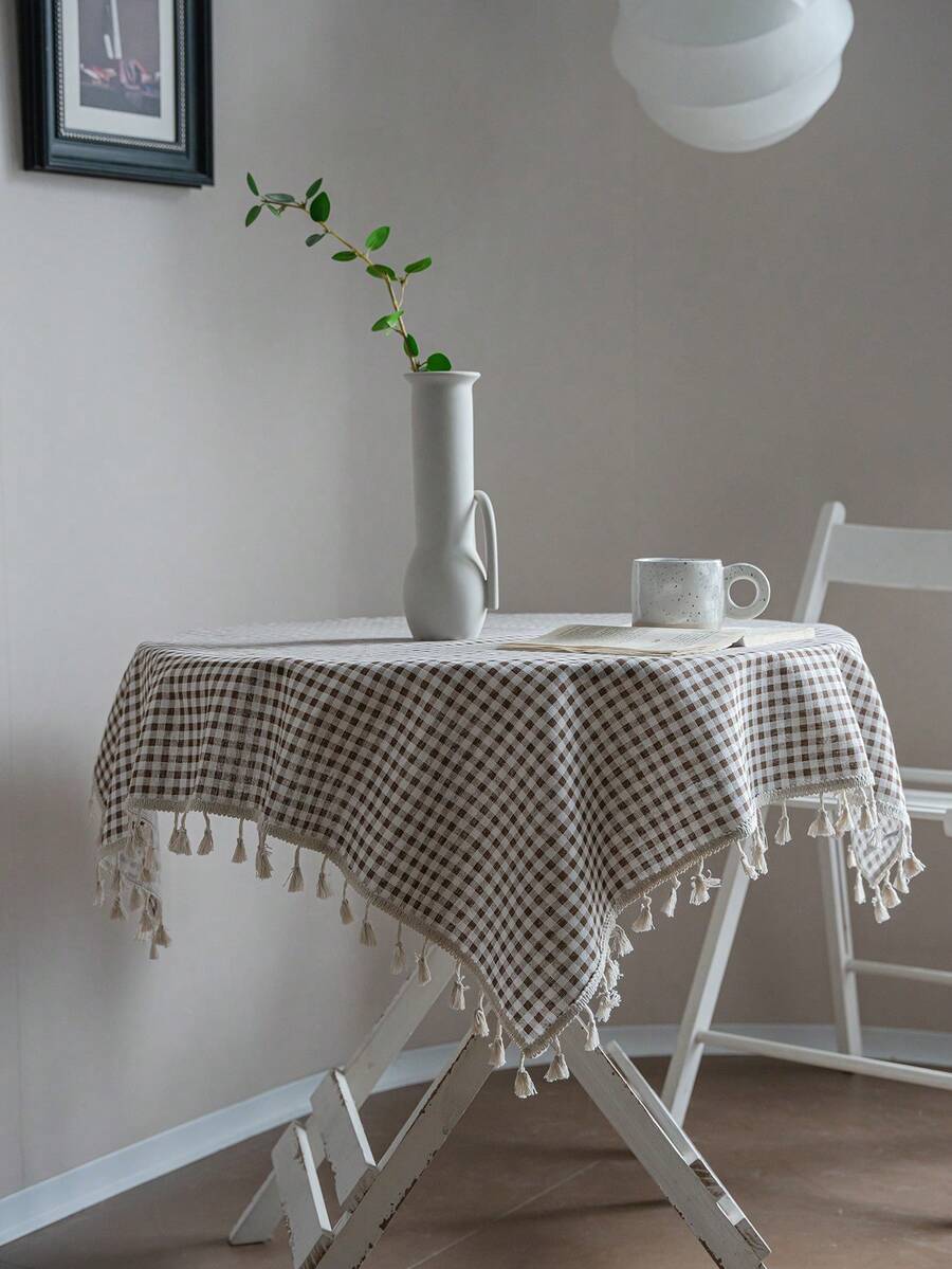 Tokoto Coffee Gingham Tablecloth With Tassel Fringe, Farmhouse Cotton Linen Table Cover For Dining Table, Nightstand & Coffee Table Decor, Rustic Boho Plaid Style