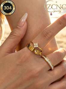 3pcs/Set 18K Gold Plated Delicate Minimalist Floral Ring Set, Stainless Steel Anti-Fade & Hypoallergenic, Suitable For Daily, Party And Occasions, Great Gift For Valentine's Day, Mother's Day, Friends And Family - Gold - View 4