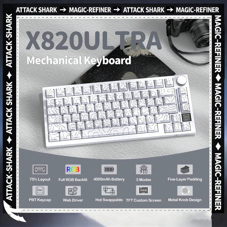 ATTACK SHARK Teclado mecánico X820Ultra con 75% de junta tórica intercambiable, pantalla TFT inteligente, modo inalámbrico triple, retroiluminación RGB, teclas PBT, interruptor de regalo y interruptor de tiburón - Ver 1