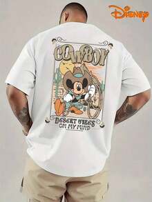 Disney Men's Casual T-Shirt, Cowboy Mickey Desert Print, Retro Western Design, Oversized Fit, Ideal For Adventure Style - White - View 2
