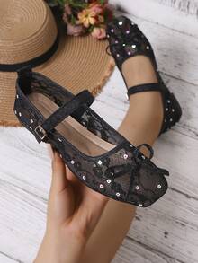New Women's Buckle Bow Square Toe Mesh Mary Jane Lace Flower Flat Shoes, Solid Color, Fashionable, Elegant, Vacation, Bohemian, Casual, Floral Flat Shoes, Party, Summer - Black - View 5