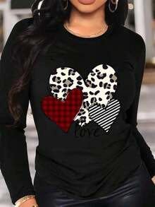 Playera camiseta gráfica dama mujer manga larga cuello redondo básica cómoda fresca ligera moderna juvenil casual urbana suave frío estampado corazón corazones cuadros romántico bohemio - Negro - Ver 1