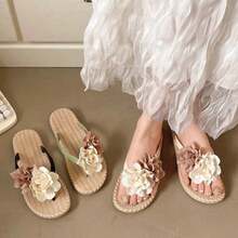 Sandalias de mujer, con un diseño moderno y adorable decorado con flores en dos tonos; chanclas con tiras entre los dedos, de suela plana y resistentes, ideales para la playa; sandalias de playa para mujer, chanclas para mujer - Verde - Ver 5