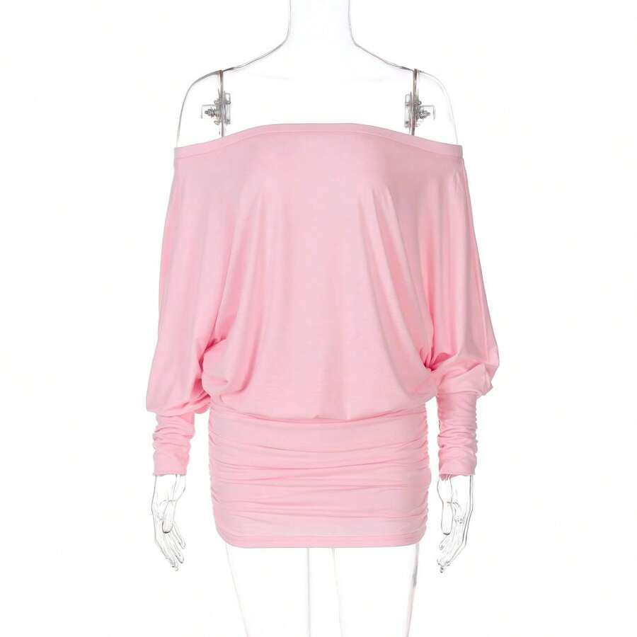 Bodycon Dress With Off-Shoulder Ruching Design, Sexy And Attractive Style, New Spring Collection For Women - Pink - View 1