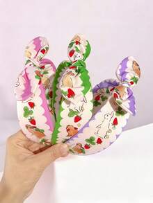 1pc Korean Style Cartoon Rabbit & Strawberry Print Bow Headband, Cute Girl Style Crown Headpiece, Versatile Hair Accessory For Daily Wear, Commuting, Travel, Photo Shoots Hairband - Multicolor - View 1