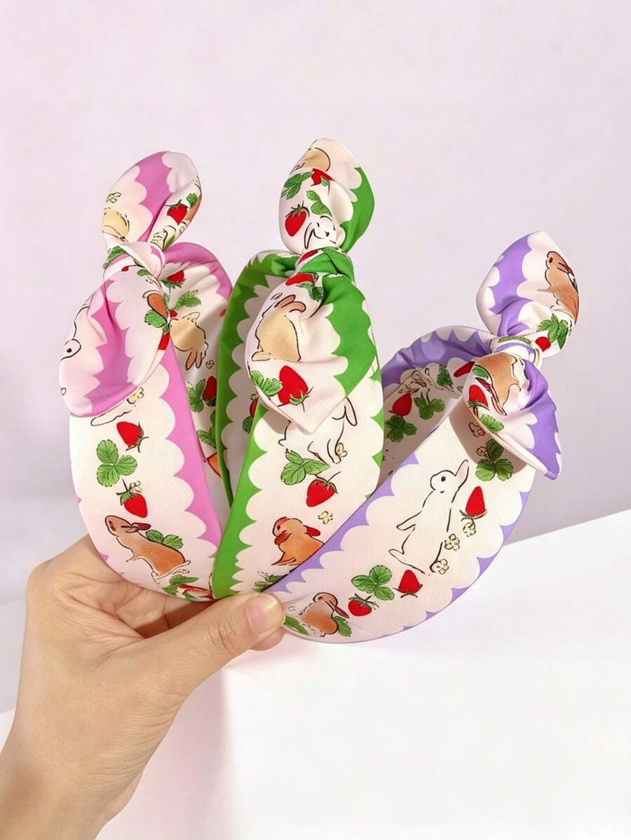 1pc Korean Style Cartoon Rabbit & Strawberry Print Bow Headband, Cute Girl Style Crown Headpiece, Versatile Hair Accessory For Daily Wear, Commuting, Travel, Photo Shoots Hairband - Multicolor - View 1