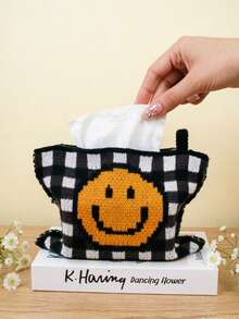 1pc Plaid Woven Tissue Box Cover, Vintage Geometric Pattern With Smiling Face Jacquard Knit, Fits Standard Tissue Boxes - Multicolor - View 2