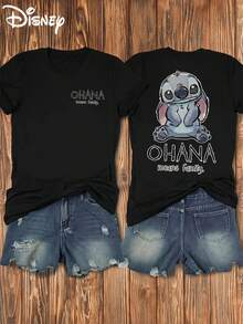 T-shirt 100% coton sous licence officielle Disney, T-shirt à manches courtes unisexe, Top décontracté à manches courtes avec imprimé de points en cercle, imprimé sur le devant et le dos, doux et élastique. T-shirt à la mode à manches courtes et col rond. Vêtements pour femmes - Noir - Voir 1