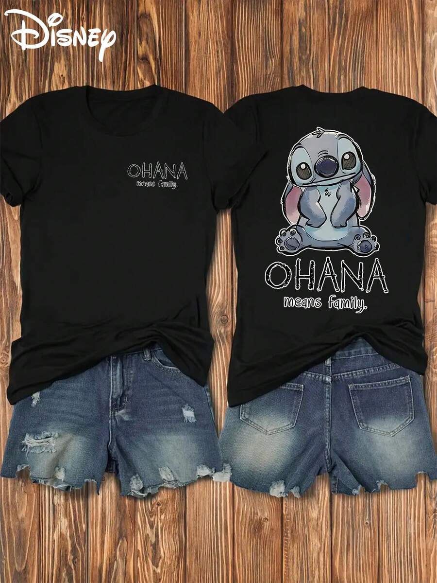 T-shirt 100% coton sous licence officielle Disney, T-shirt à manches courtes unisexe, Top décontracté à manches courtes avec imprimé de points en cercle, imprimé sur le devant et le dos, doux et élastique. T-shirt à la mode à manches courtes et col rond. Vêtements pour femmes - Noir - Voir 1
